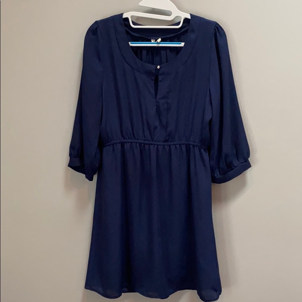 Navy Blue 3/4 Sleeve A-Line Dress